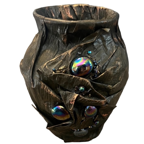 Sign Handcrafted Studded Iridescent Paper Mache Glass Vase, 1993